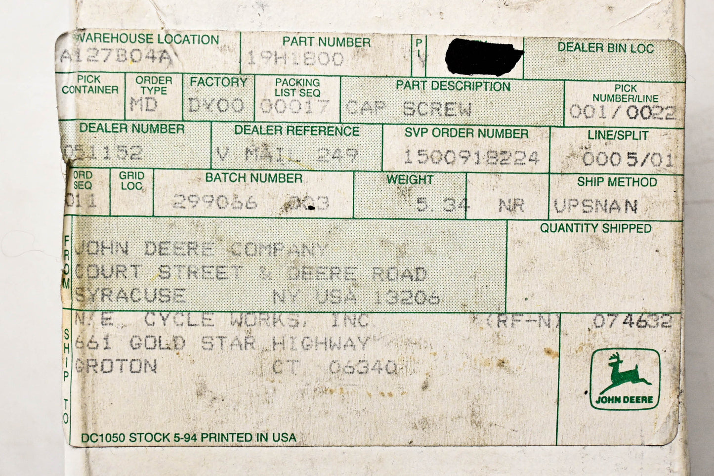 New OEM John Deere 19H1800 Cap Screw NOS