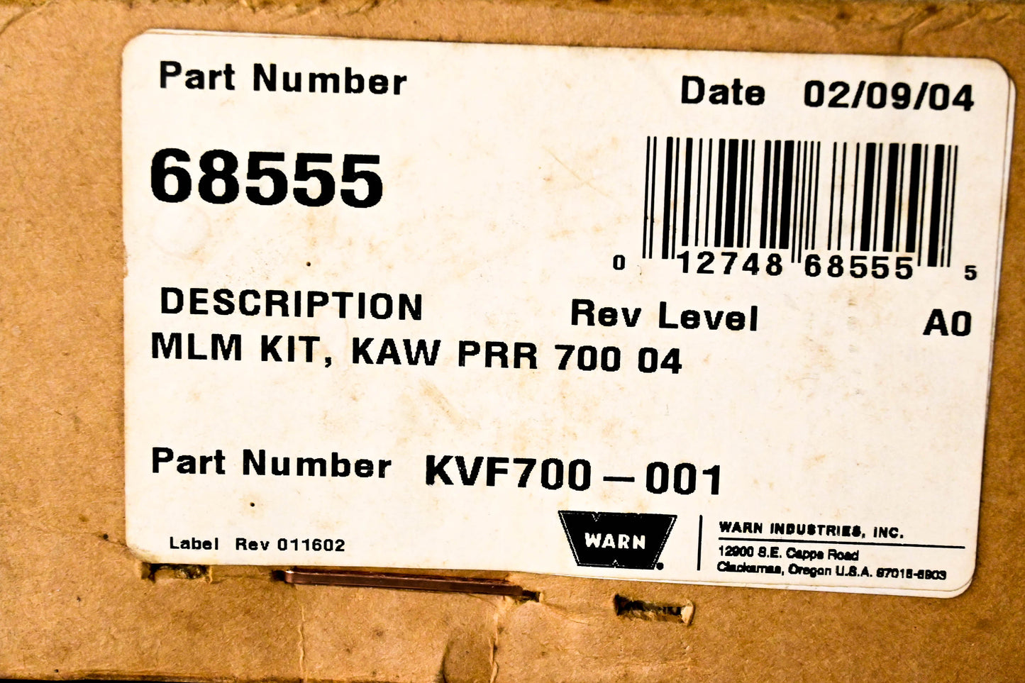 Warn KVF700-001, 68555 Plow Manual Lift Kit NOS