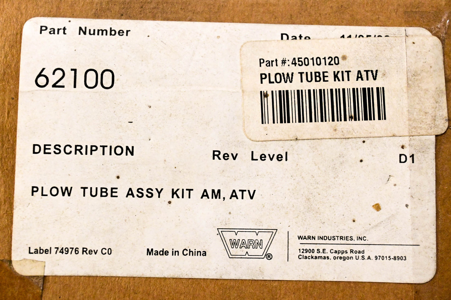 Warn 62100 Plow Tube Kit NOS