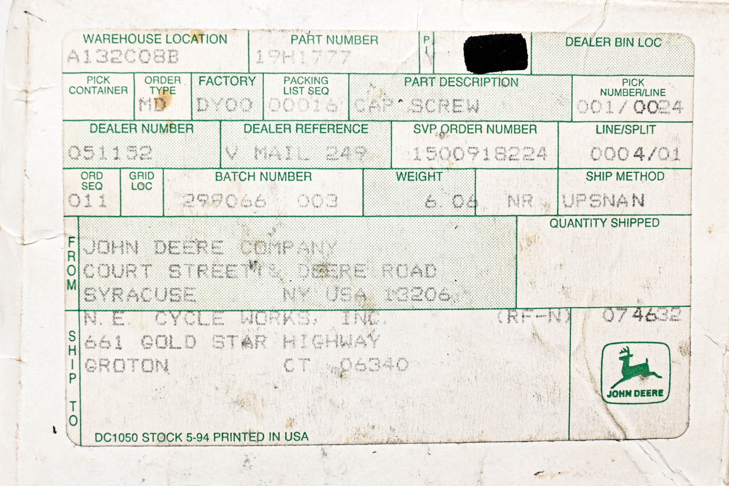 New OEM John Deere 19H1777 Screw NOS