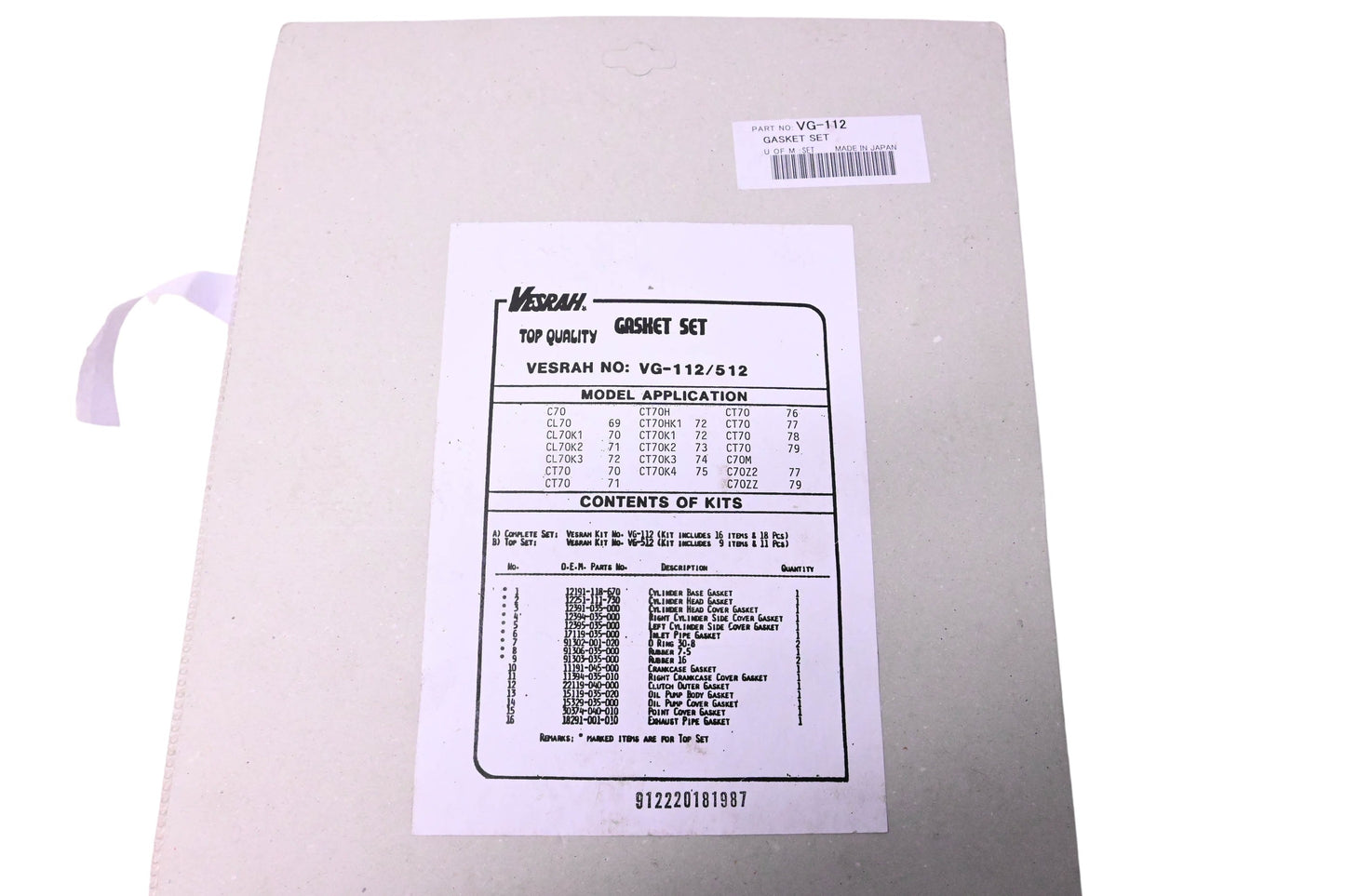 Vesrah VG-112 Gaskets NOS