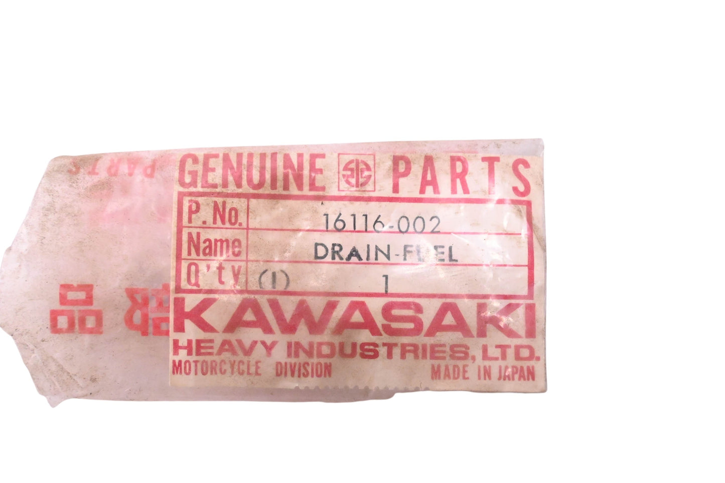 New OEM Kawasaki 16116-002 Fuel Drain NOS