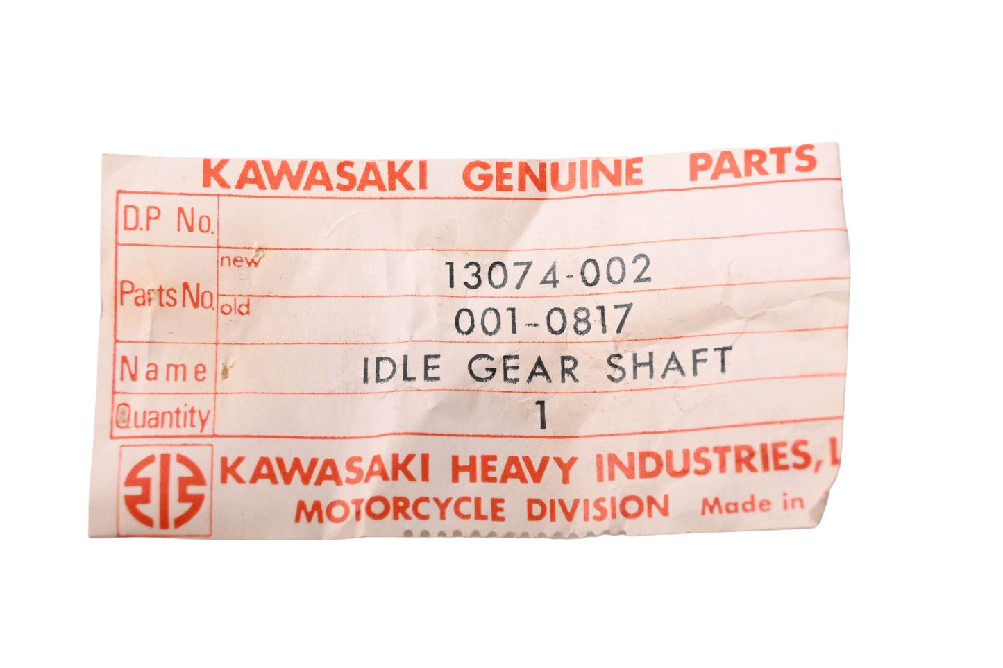 New OEM Kawasaki 13074-002 Idle Gear Shaft NOS