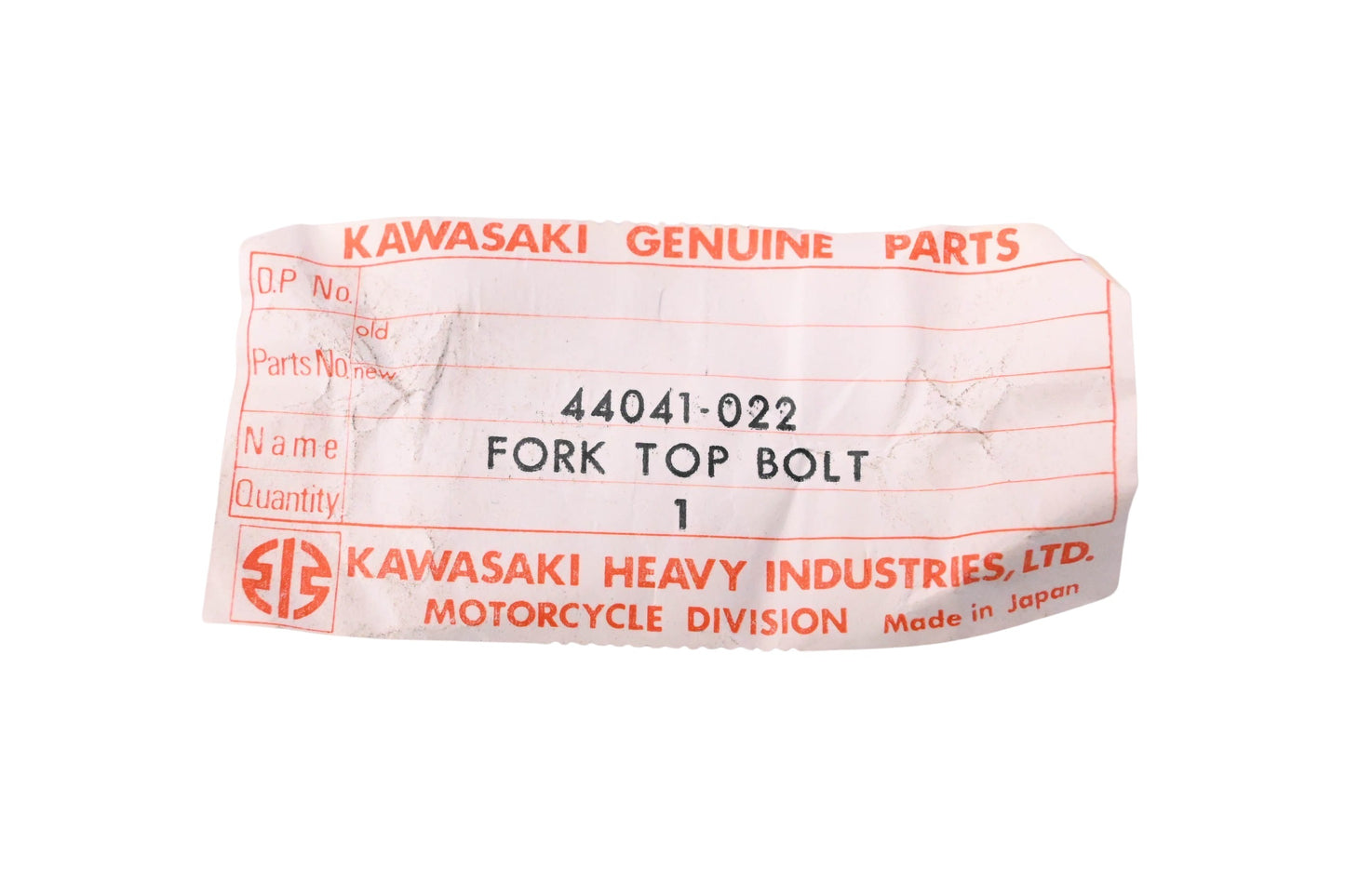 New OEM Kawasaki 44041-022 Fork Top Bolt NOS