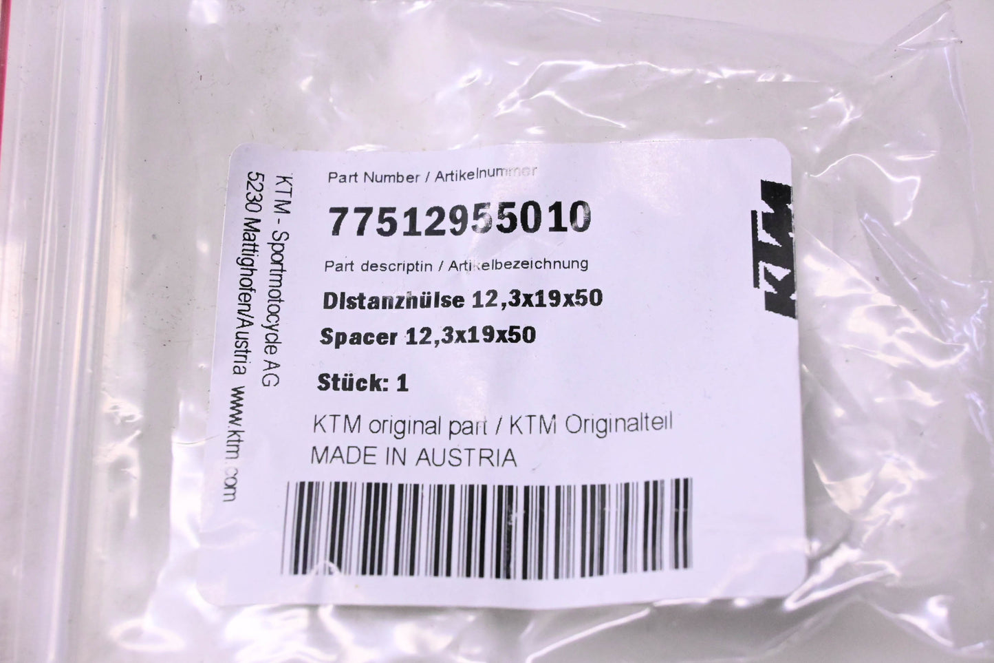 New OEM KTM 77512955010 Spacer 12.3x19x50 NOS