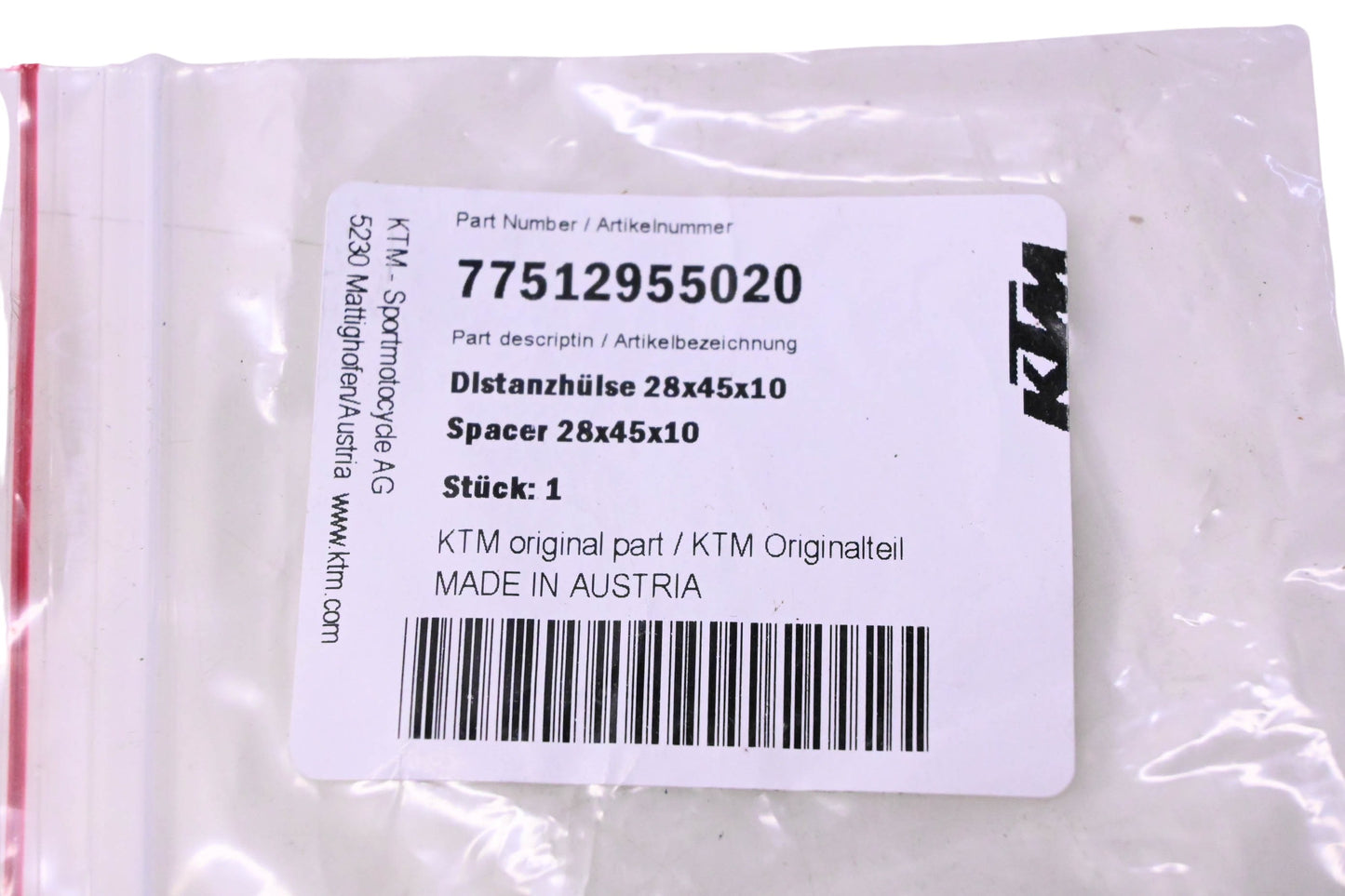 New OEM KTM 77512955020 Spacer 28X45X10 NOS