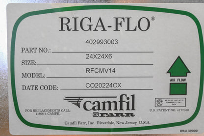 Camfil 402993003, RFCMV14 Riga-Flo Air Filter 24"x24"x6" NOS