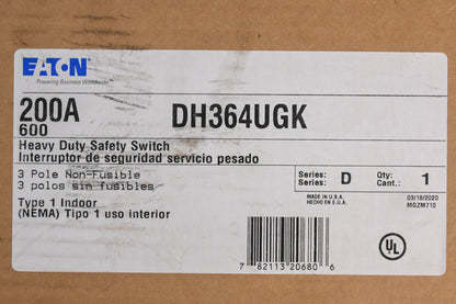 Eaton DH364UGK Safety Switch Panel 200A 600VAC NOS