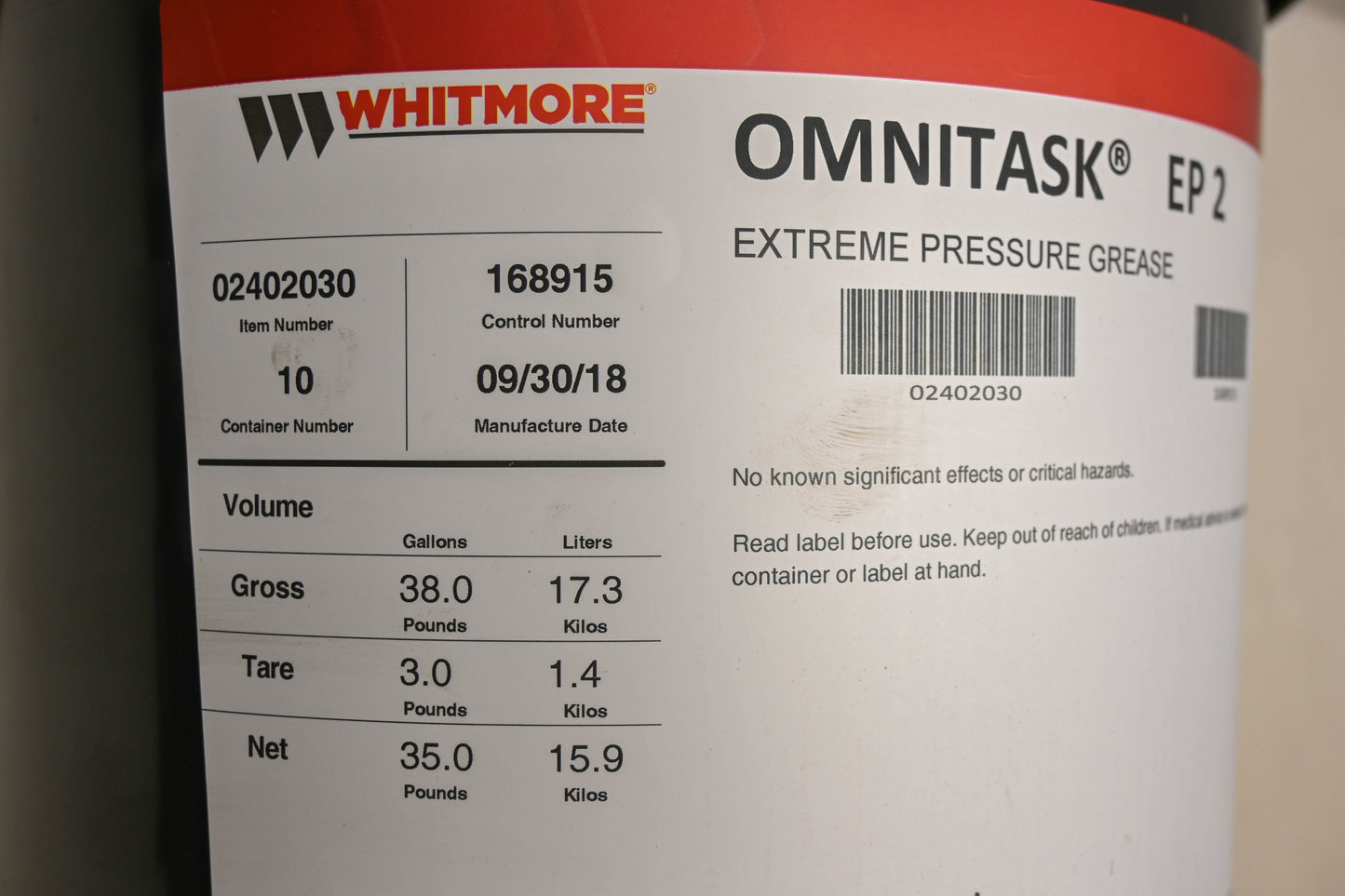 Whitmore 02402030, 35354102 Omnitask EP 2 Extreme Pressure Grease 35lbs NOS