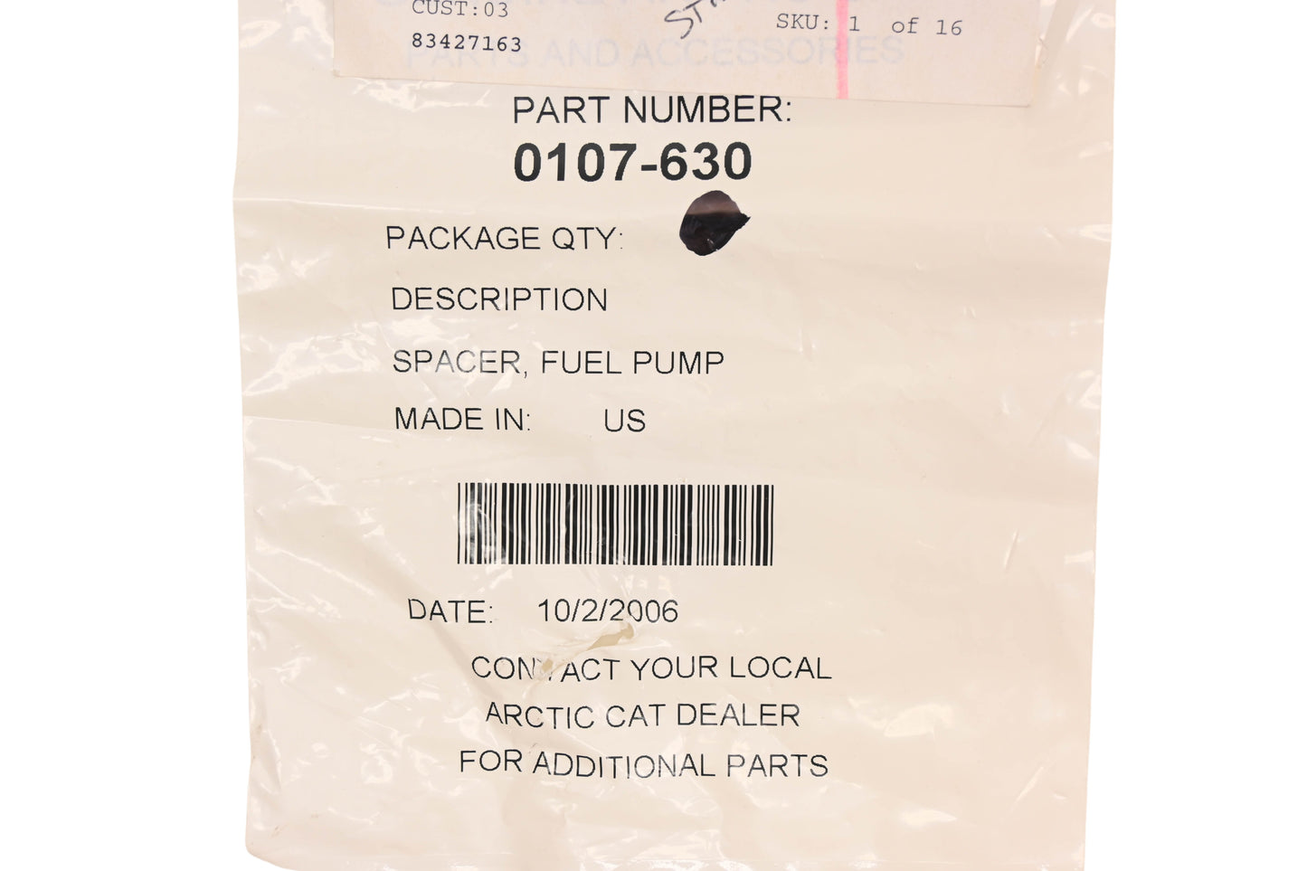 New OEM Arctic Cat 0107-630 Fuel Pump Spacer NOS