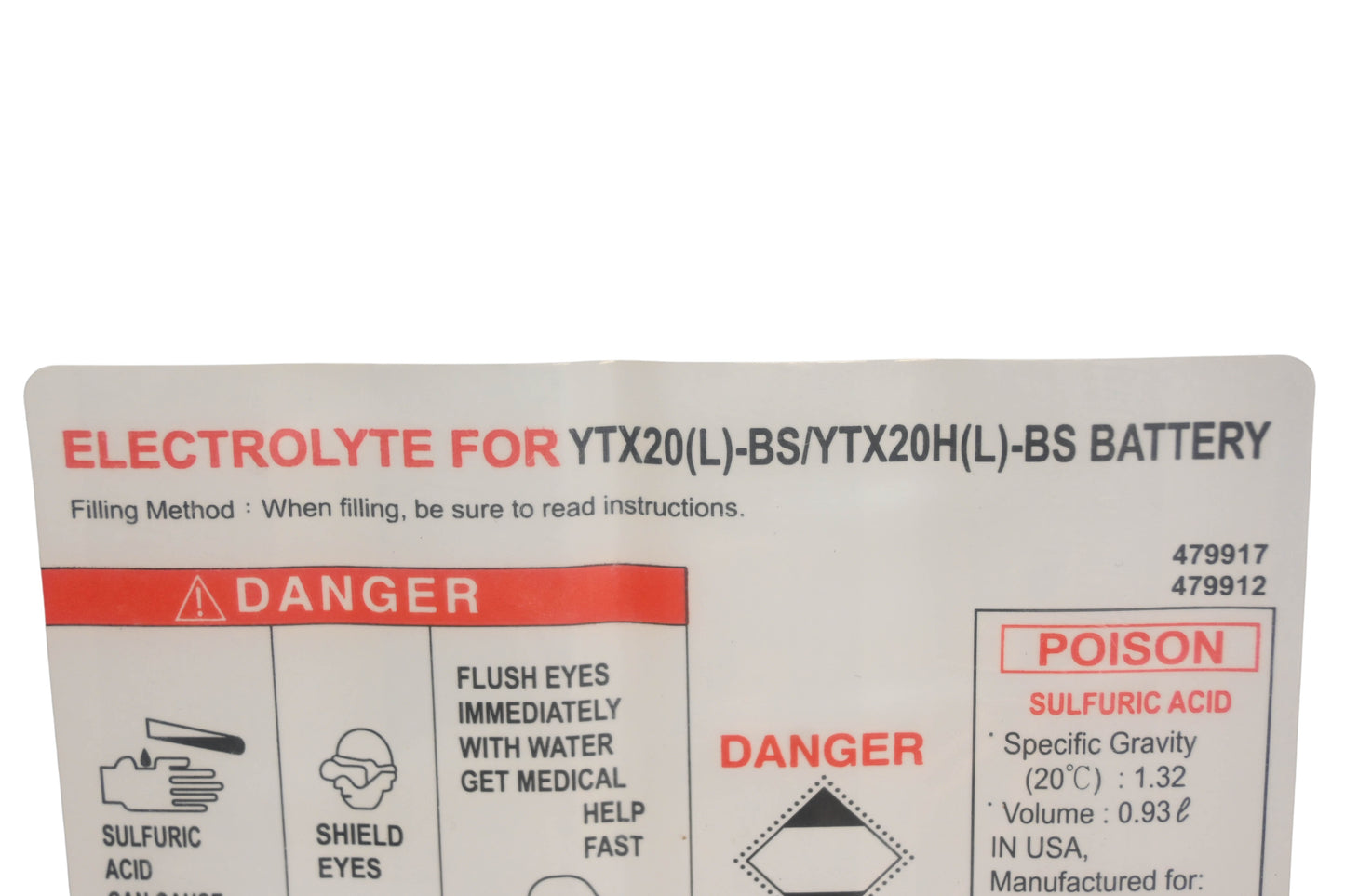 Yuasa 479917, 479912 YTX20(L)-BS Electrolyte Battery Acid Pack NOS