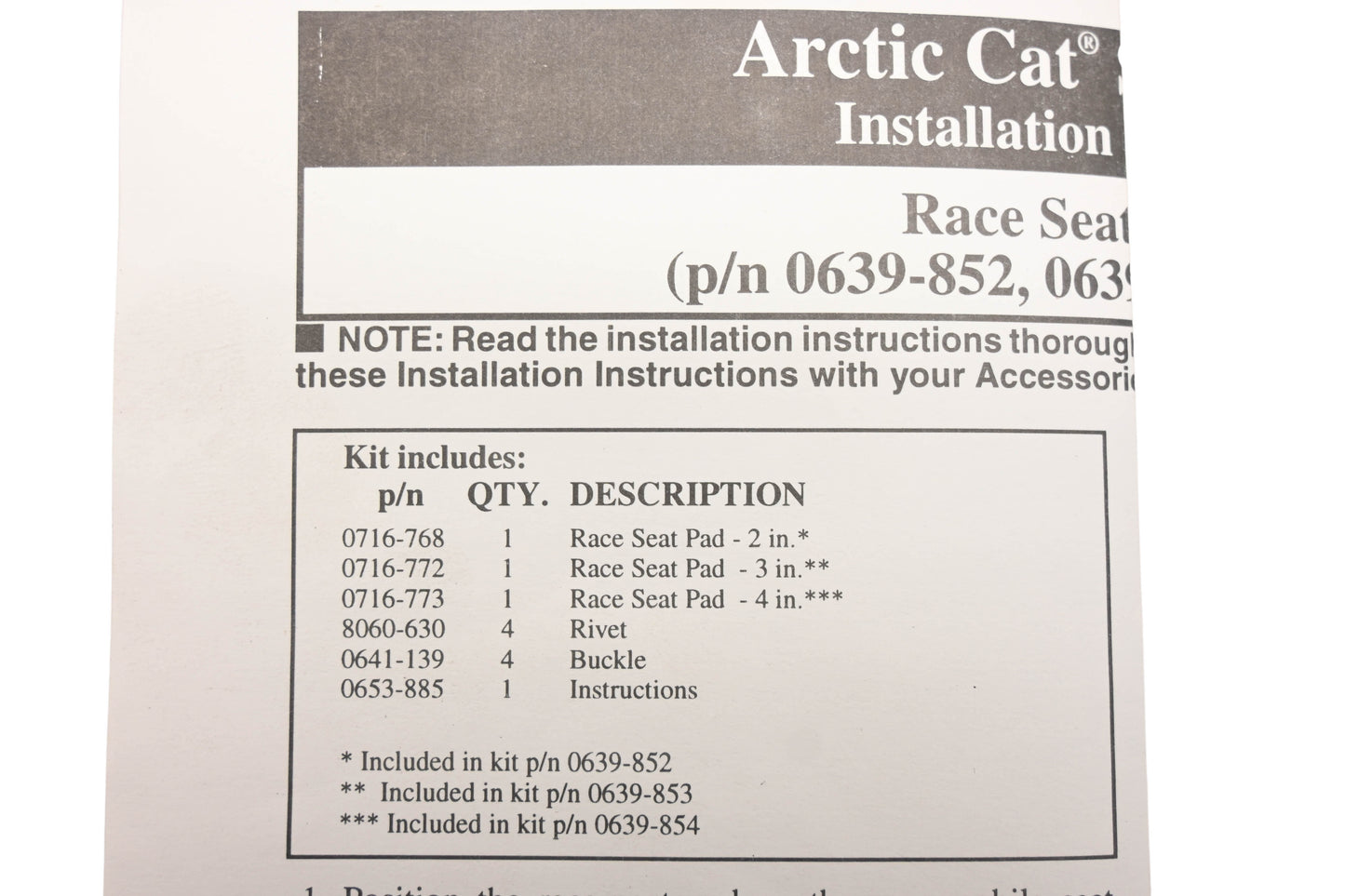 New OEM Arctic Cat 0639-852 Race Seat 2" Pad Kit NOS