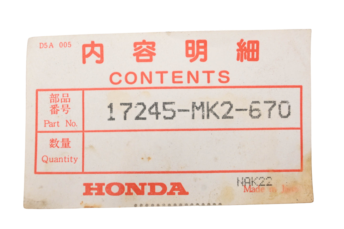 New OEM Honda 17245-MK2-670 Air Filter Cleaner Housing Splash "A" Guard NOS