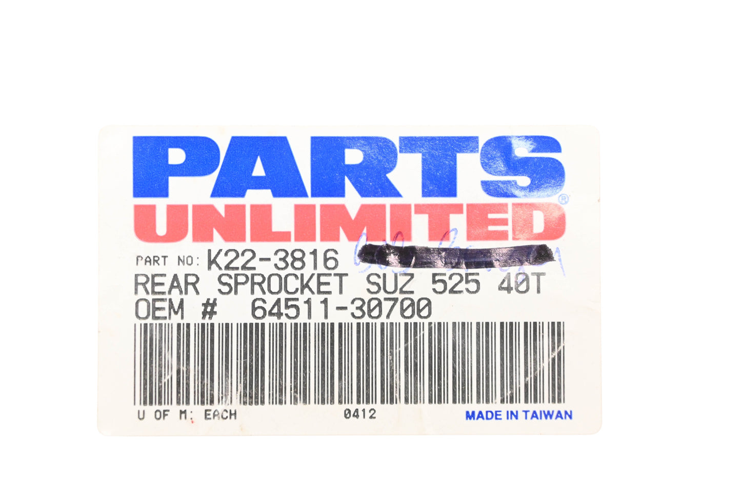 Parts Unlimited K22-3816, 64511-30700 40T Rear Sprocket NOS