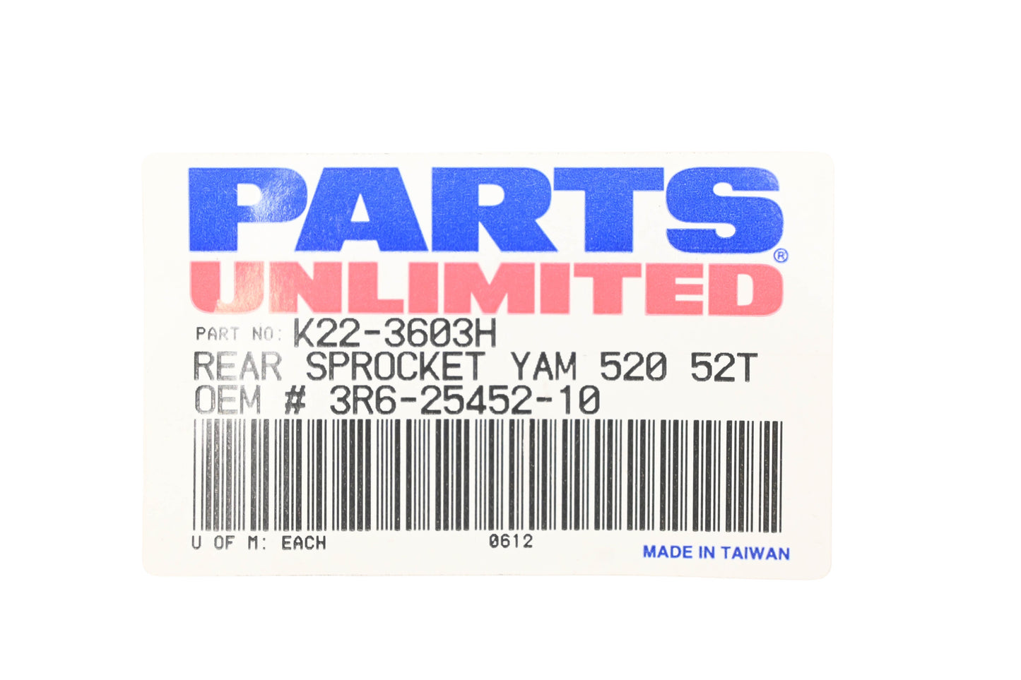 Parts Unlimited K22-3603H, 3R6-25452-10, 3R6-25452-10-00 52T Rear Sprocket NOS