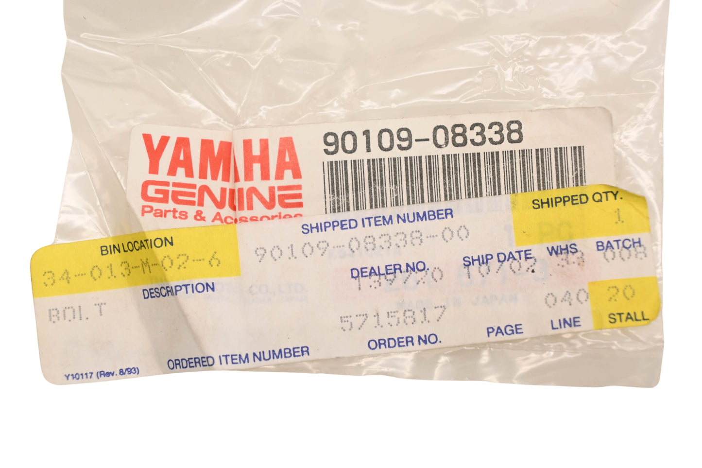 New OEM Yamaha 90109-08338-00 Rear Wheel Bolt NOS