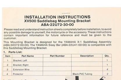 New OEM Yamaha ABA-22U72-30-00 XV500 Saddlebag Mount Bracket Kit NOS