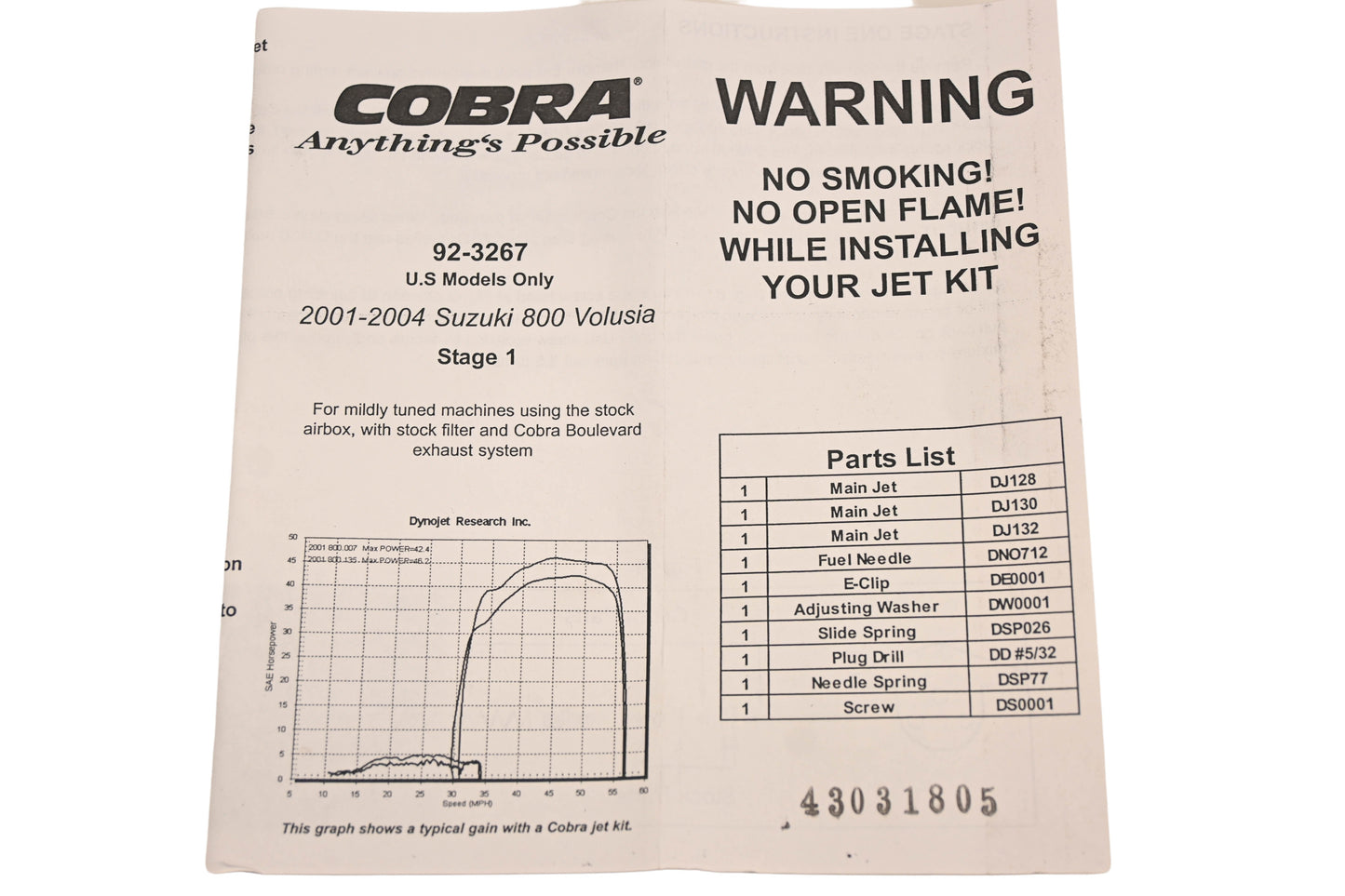 Cobra 92-3267 2001-04 Suzuki 800 Volusia Stage 1 Jet Kit NOS