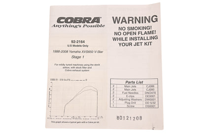 Cobra 92-2164, 087649 1998-08 Yamaha XVS650 Vstar Stage 1 Jet Kit NOS