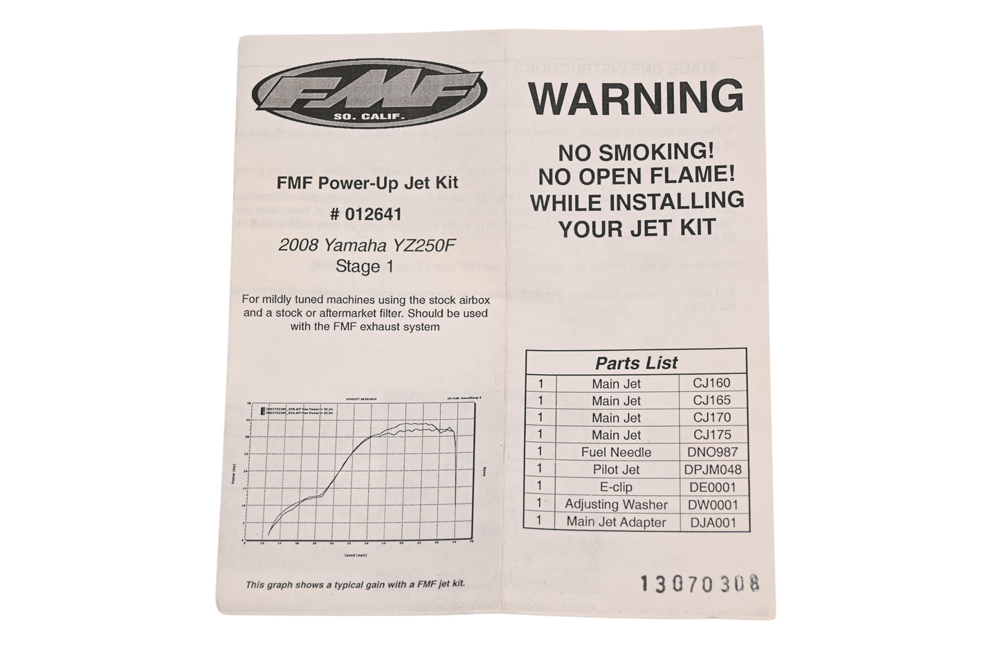 FMF 012641, 274373 2008 Yamaha YZ250F Stage 1 Power-Up Jet Kit NOS