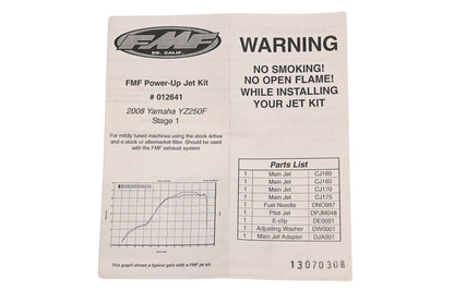FMF 012641, 274373 2008 Yamaha YZ250F Stage 1 Power-Up Jet Kit NOS