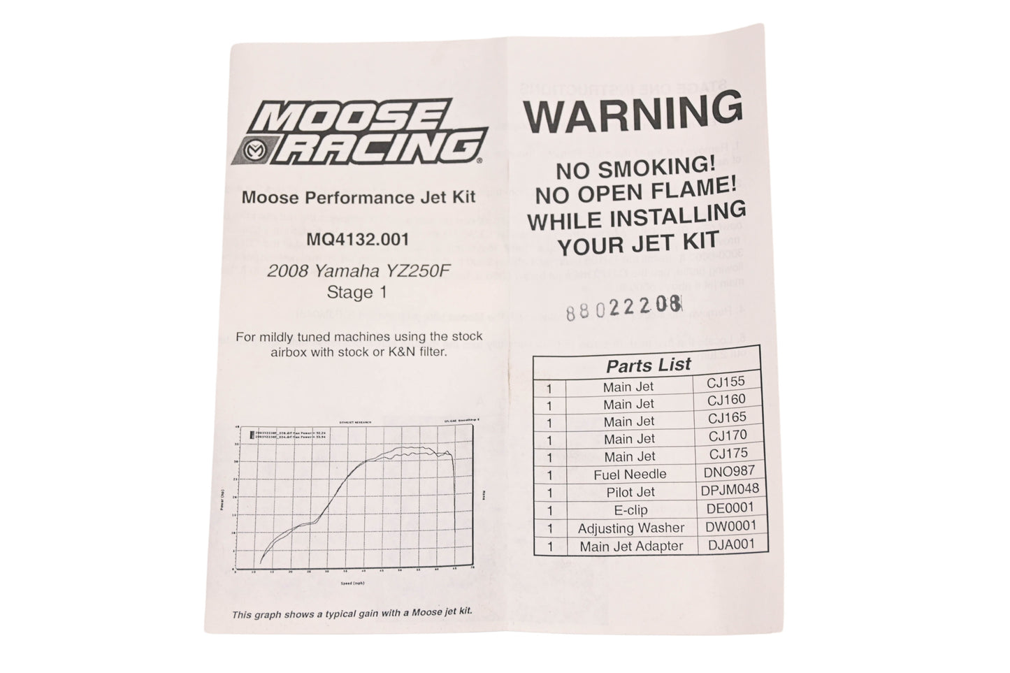 Moose Racing MQ4132.001, 1007-0310, MQ4132 2008 Yamaha YZ250F Stage 1 Performance Jet Kit NOS