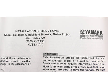 New OEM Yamaha 5S7-F83L0-U0-00 Quick Release Windshield Mount Fit Kit NOS