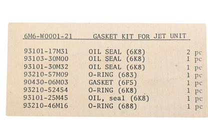 New OEM Yamaha 6M6-W0001-21-00 Jet Unit Gasket & Seal Kit NOS