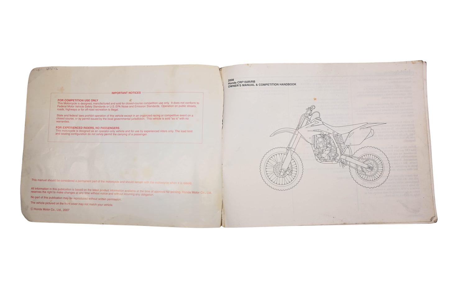 OEM Honda 31KSE610 2008 CRF150R/RB Owner's Manual Competition Handbook