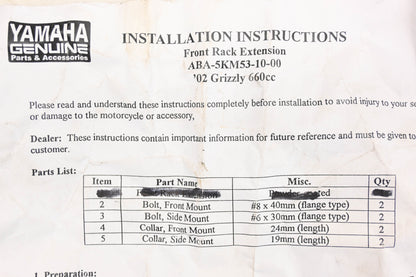 New OEM Yamaha ABA-5KM53-10-00 Front Rack Extension Hardware Kit NOS