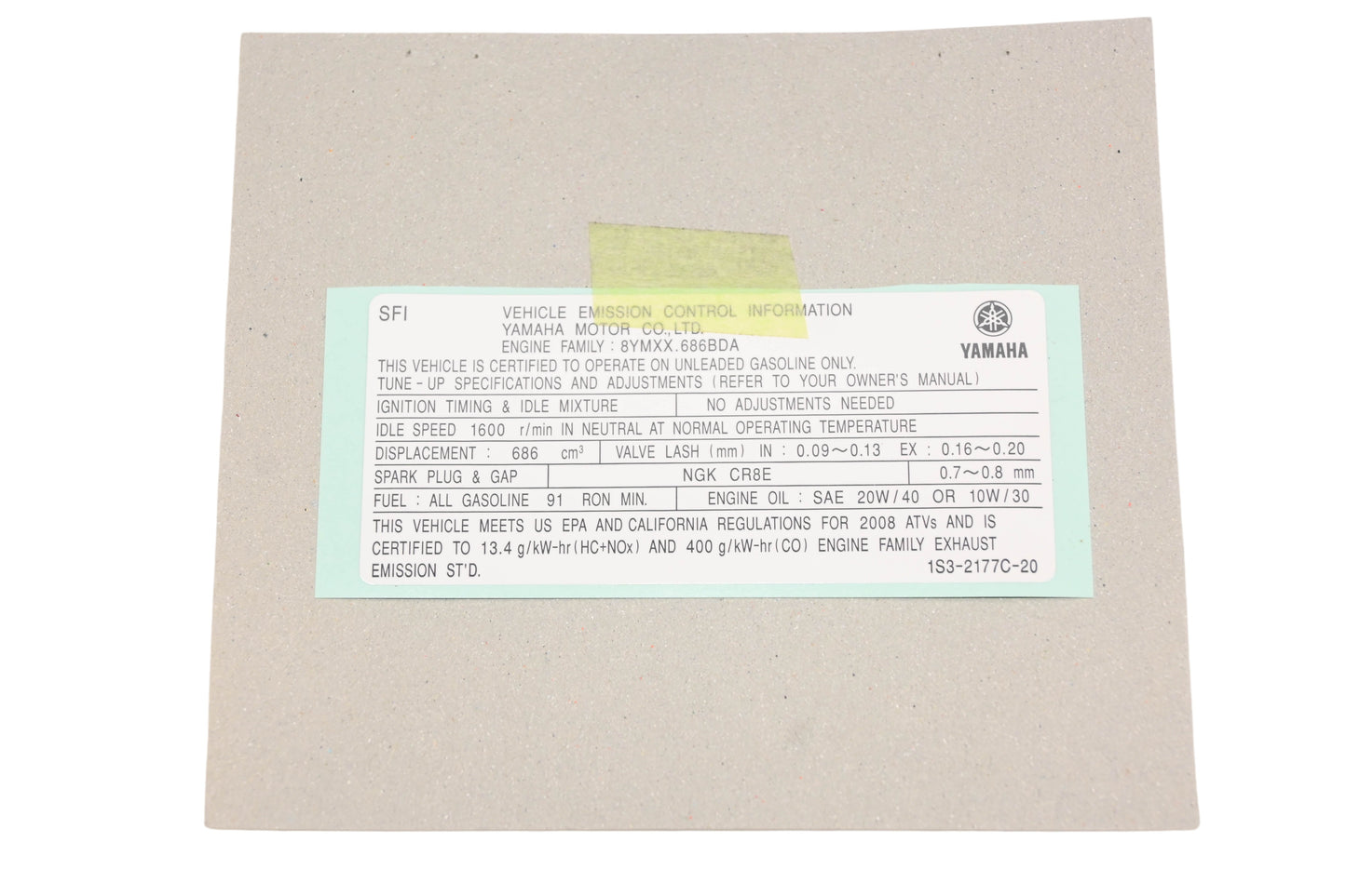 New OEM Yamaha 1S3-2177C-20-00 EPA Offroad ATV Plate NOS