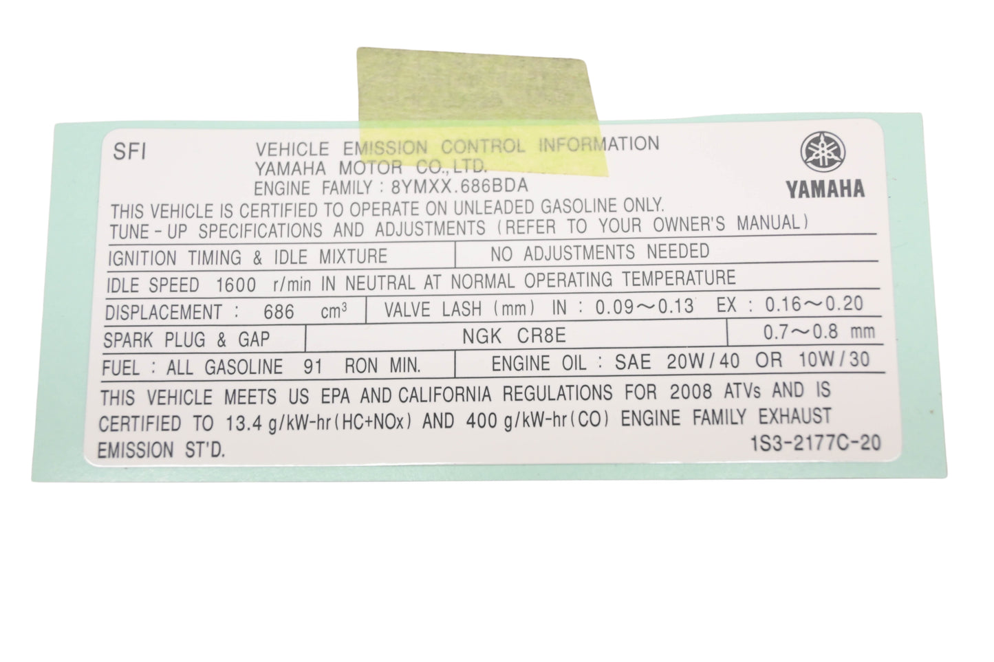 New OEM Yamaha 1S3-2177C-20-00 EPA Offroad ATV Plate NOS