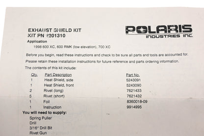 New OEM Polaris 2201310 Exhaust Heat Shield Kit NOS