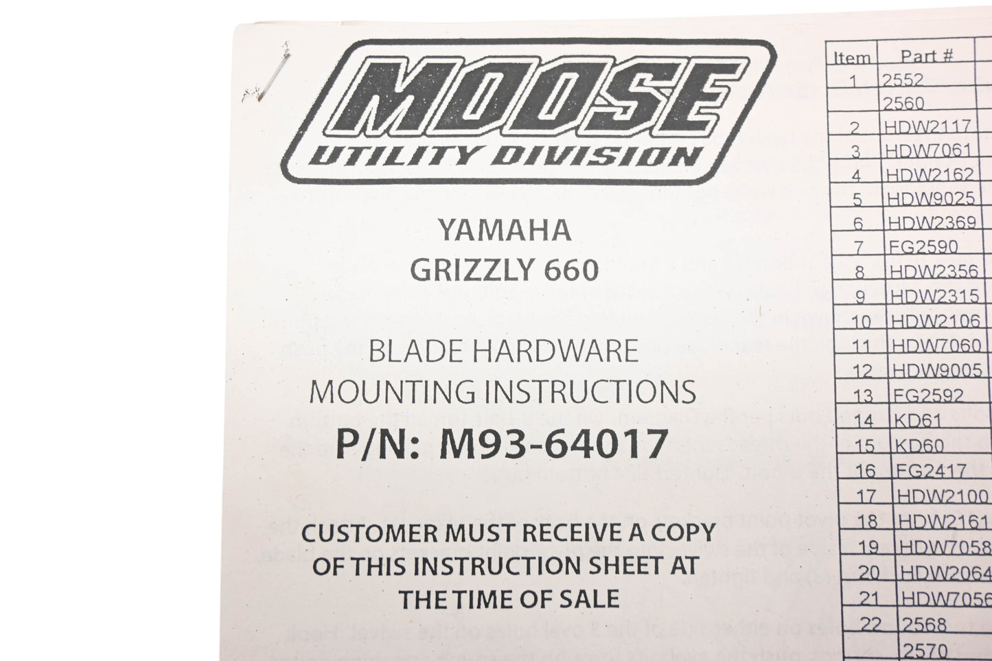 Moose Utility Division M93-64017, 2673M Skid Plate Kit NOS
