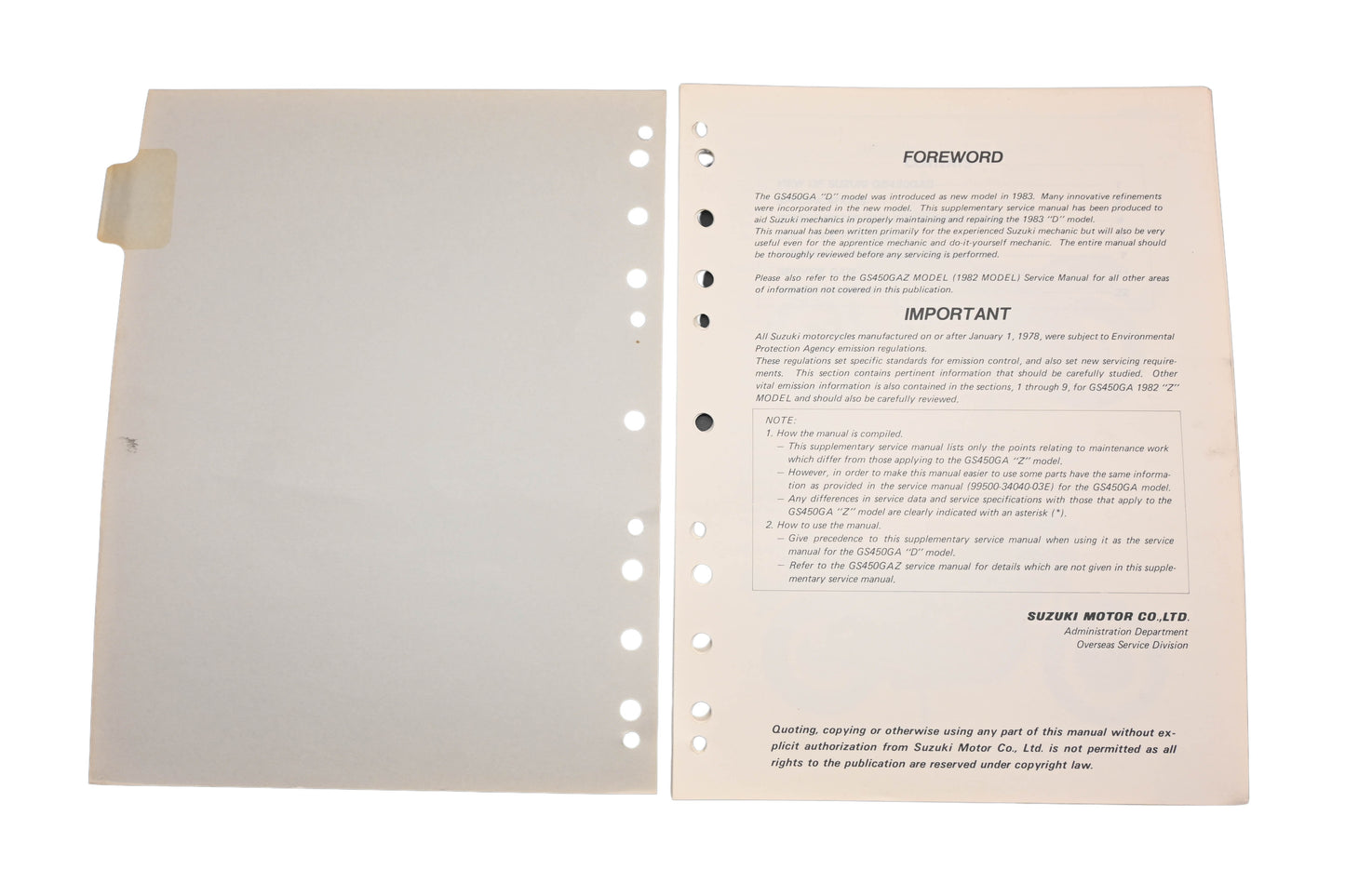 OEM Suzuki 99501-34040-03E GS450GA Supplementart Service Manual