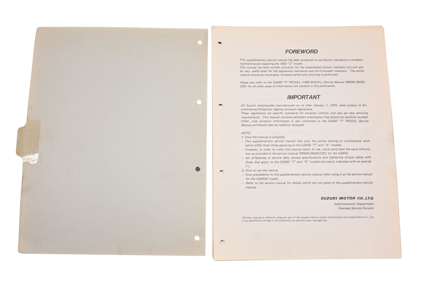 OEM Suzuki 99501-34000-03E GS450E/R/L Supplementary Service Manual