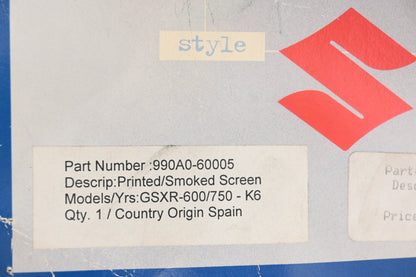 New OEM Suzuki 990A0-60005 Printed Smoke Tint Windscreen NOS