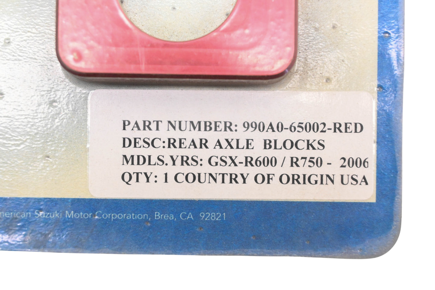 New OEM Suzuki 990A0-65002-RED Red Rear Axle Block Kit NOS