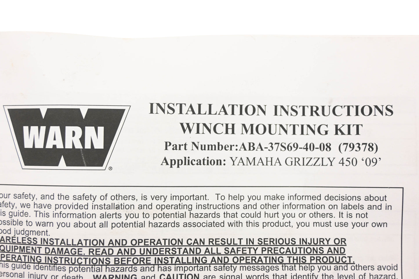 Warn 79378, ABA-37S69-40-08, ABA37S694008 Yamaha Grizzly 450 Winch Mounting Kit NOS