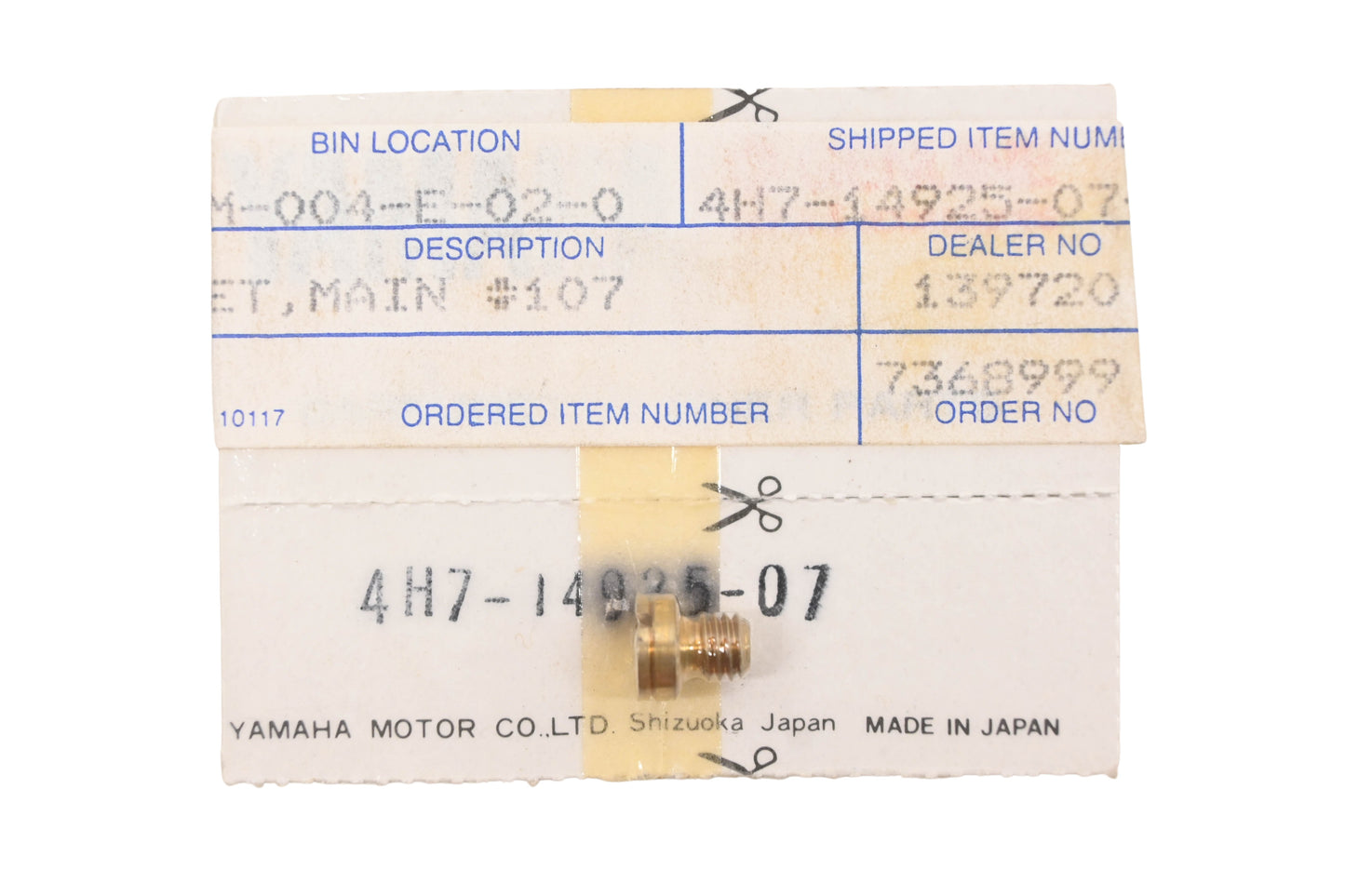 New OEM Yamaha 4H7-14925-07-00 Main Jet #107 NOS