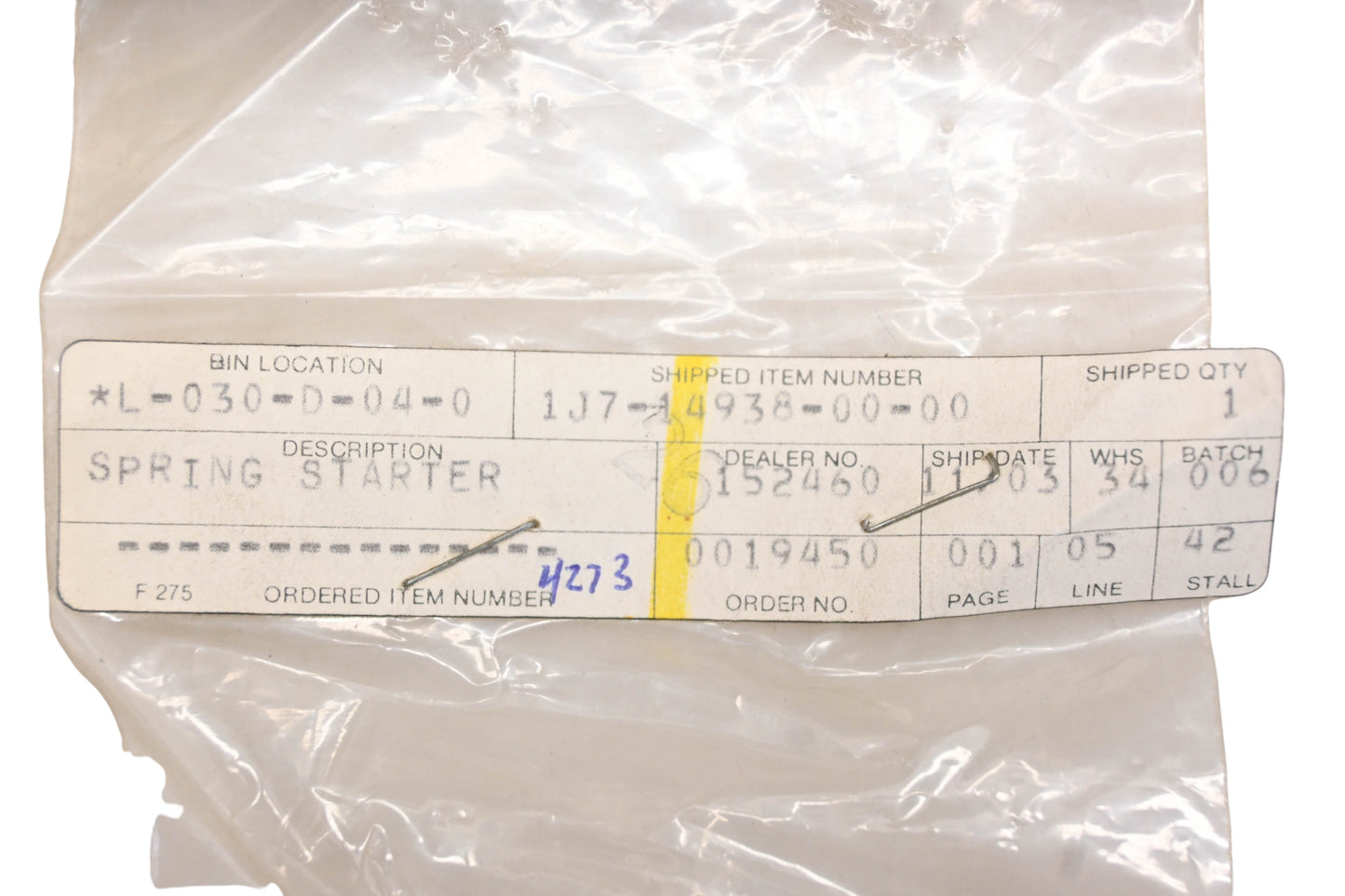 New OEM Yamaha 1J7-14938-00-00 Starter Spring NOS