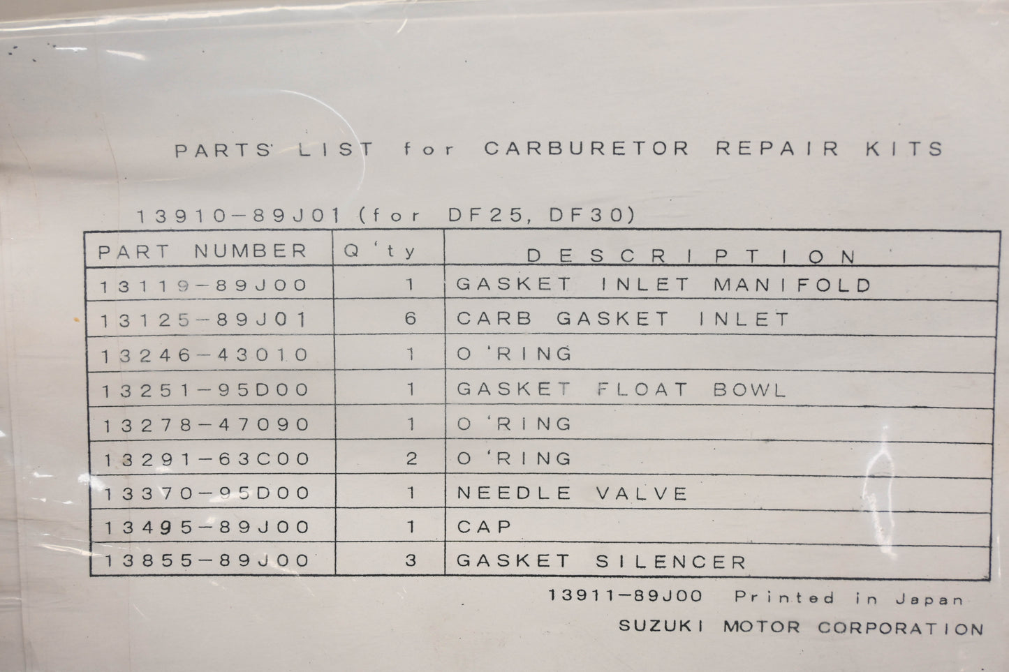 New OEM Suzuki 13910-89J01 Carburetor Repair NOS