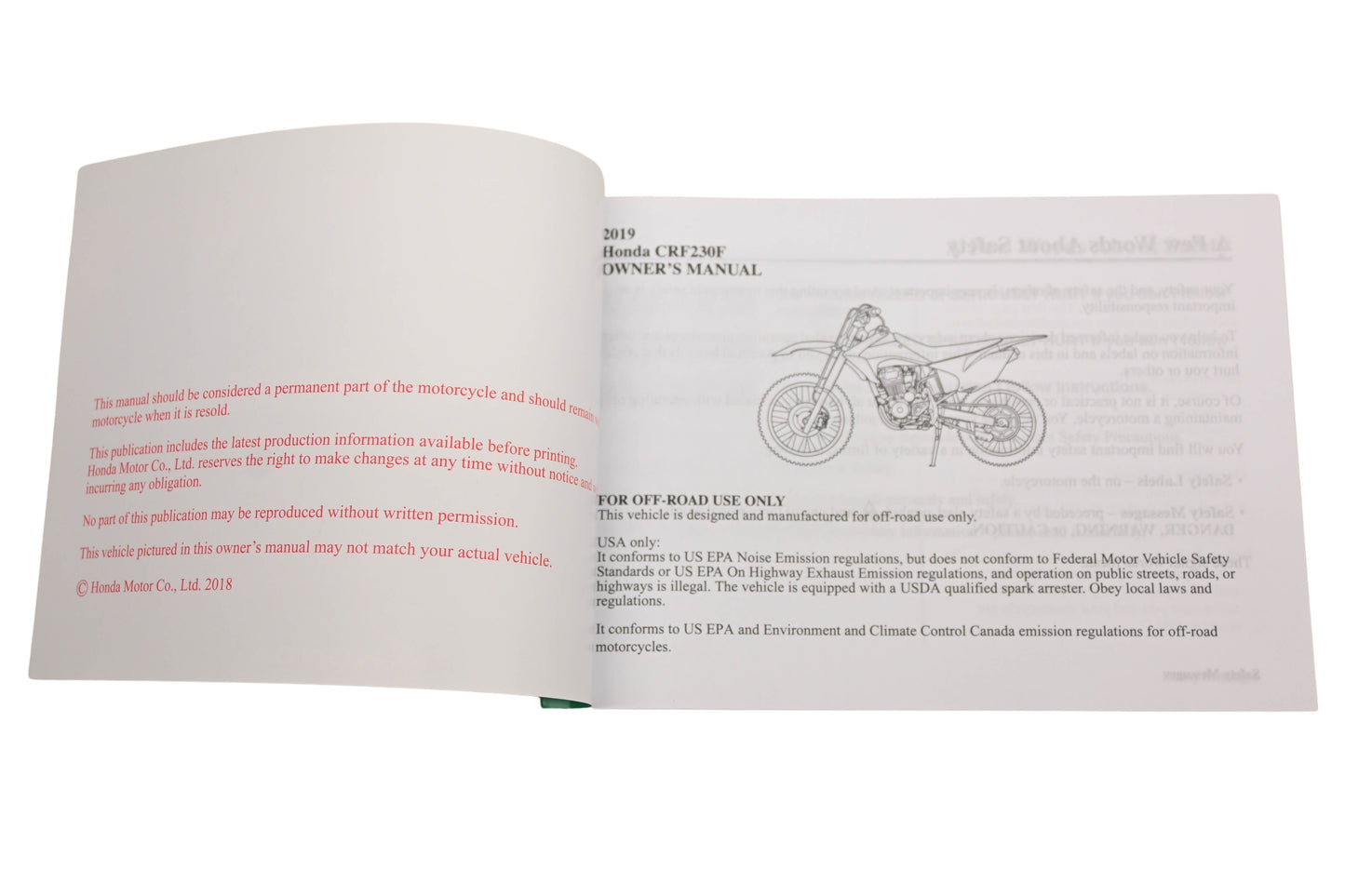 New OEM Honda 31KPS740 2019 CRF230F Owner's Manual NOS