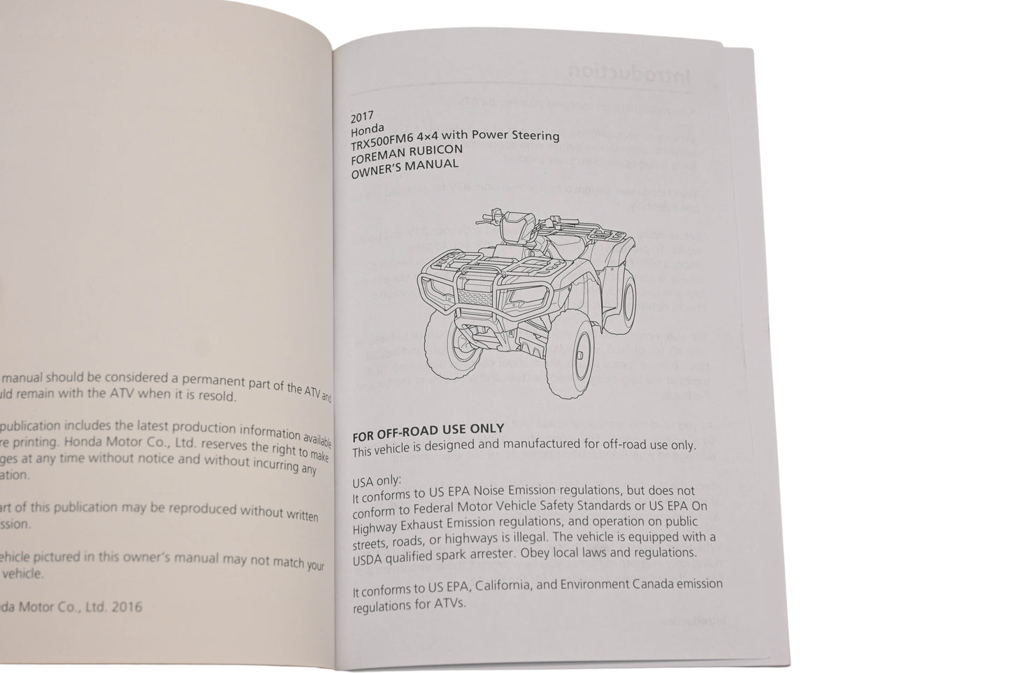 New OEM Honda 31HR5620, 00X31-HR5-6200 2017 TRX500FM6 4x4 Fourtrax Foreman Rubicon Owner's Manual NOS