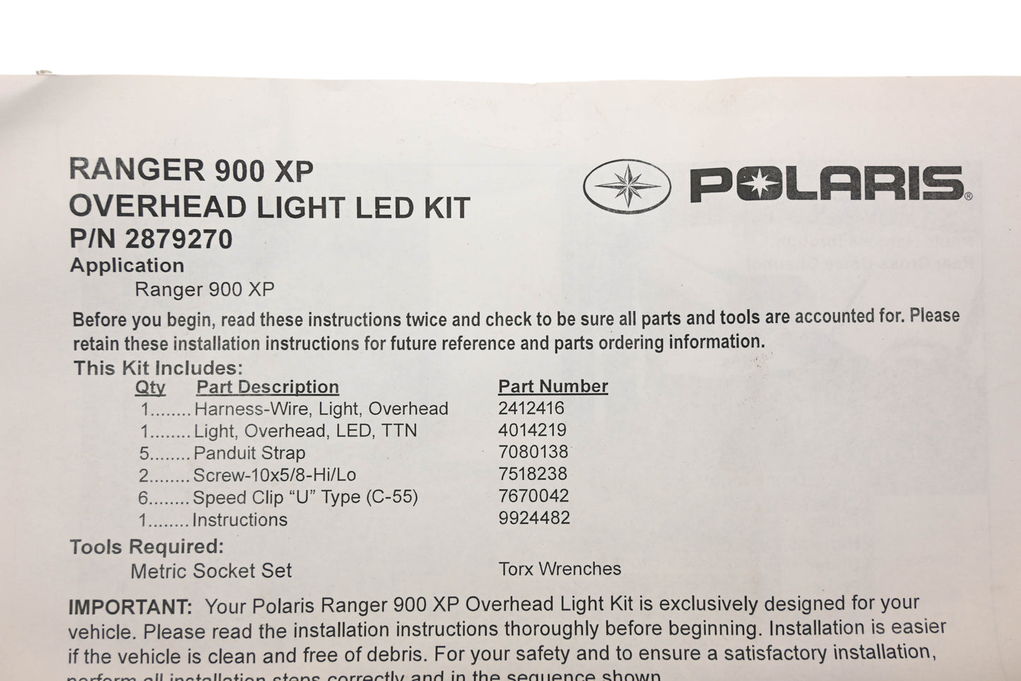 New OEM Polaris 2879270 Overhead Light LED Kit NOS