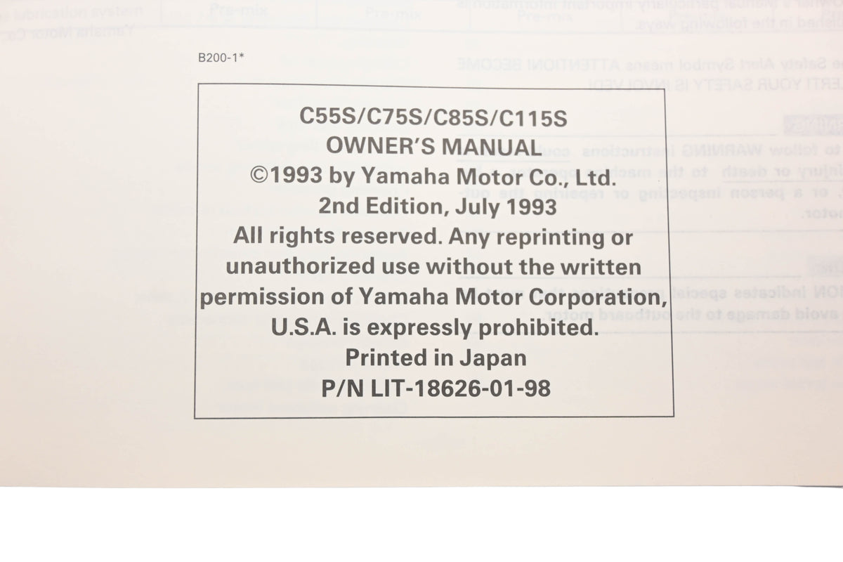 New OEM Yamaha LIT-18626-01-98 C55S/C75S/C85S/C115S Outboard Owner's Manual NOS