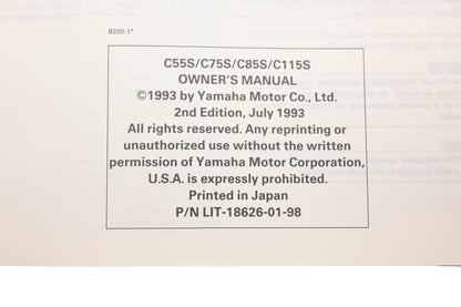 New OEM Yamaha LIT-18626-01-98 C55S/C75S/C85S/C115S Outboard Owner's Manual NOS