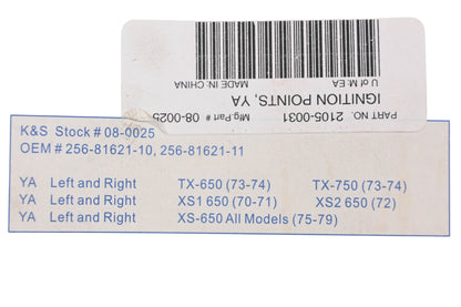 K&S 08-0025, 256-81621-10, 2105-0031 Contact Ignition Point NOS