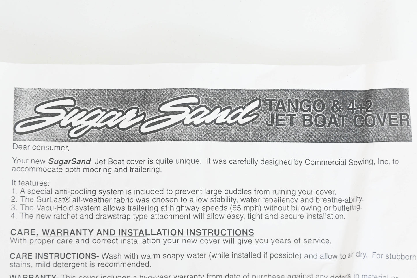 Sugar Sand 24471, LI-4+2TANGO-S 4+2 Tango Jet Boat Cover NOS