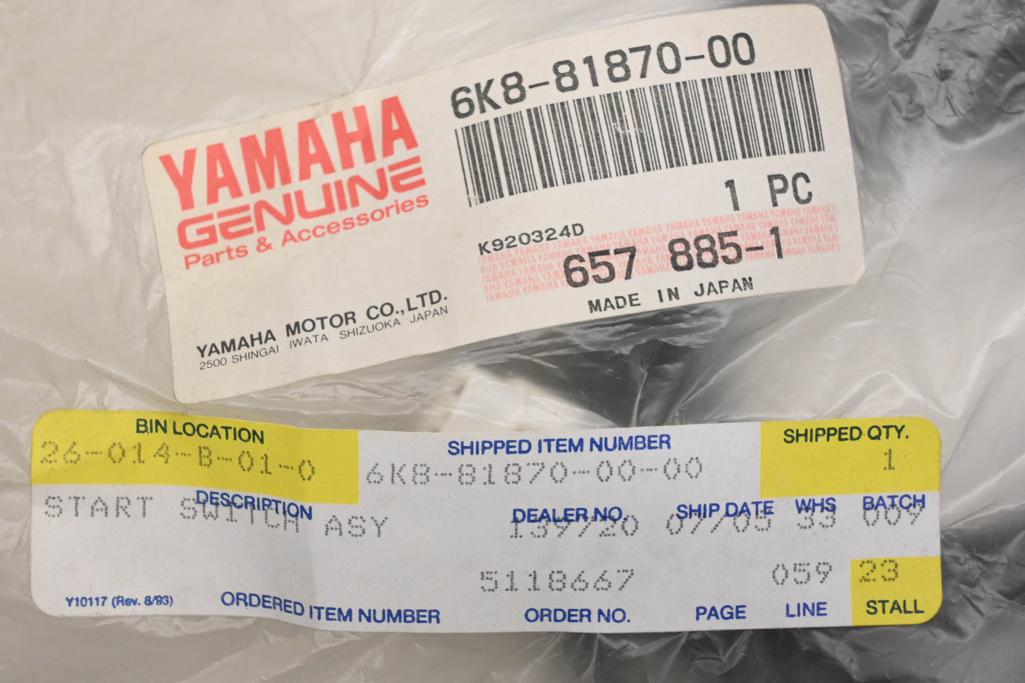 New OEM Yamaha 6K8-81870-00-00 Starter Switch Assembly NOS